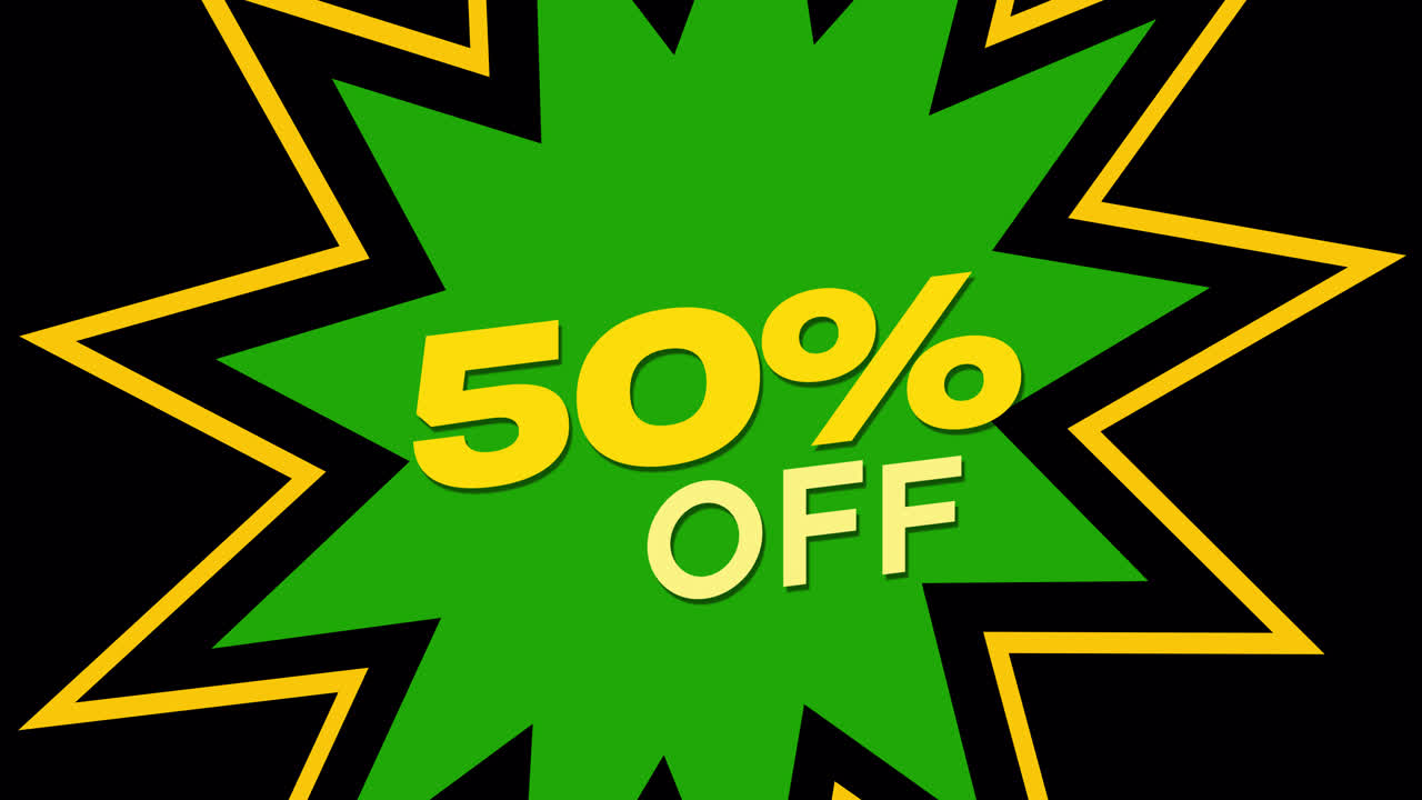 Esplosione grafica animata verde e gialla con sconto del 50%.