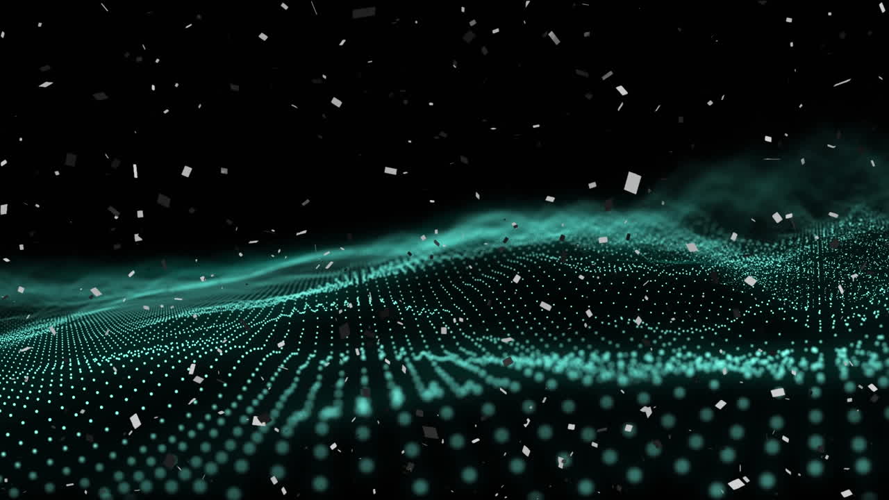 Animation of white confetti falling over undulating landscape of contoured blue dots