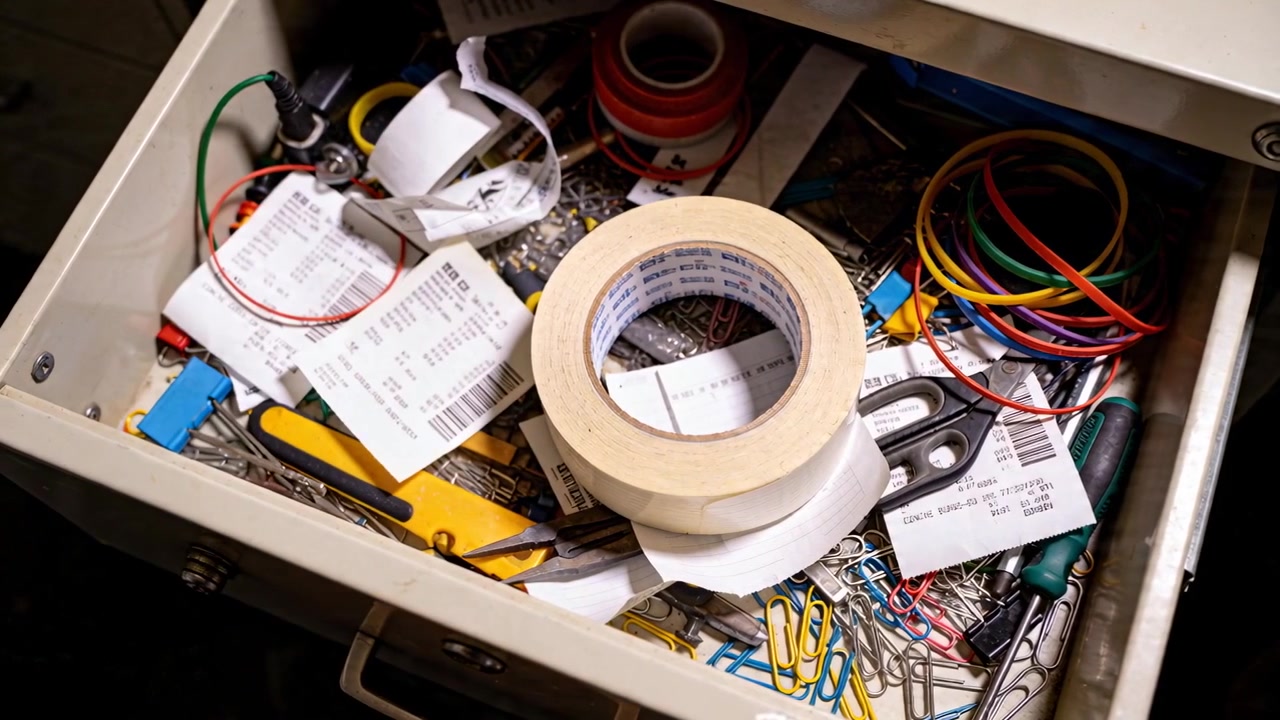 Needing tape, reaching right hand lifting and probing masking tape in metal drawer, checking liner