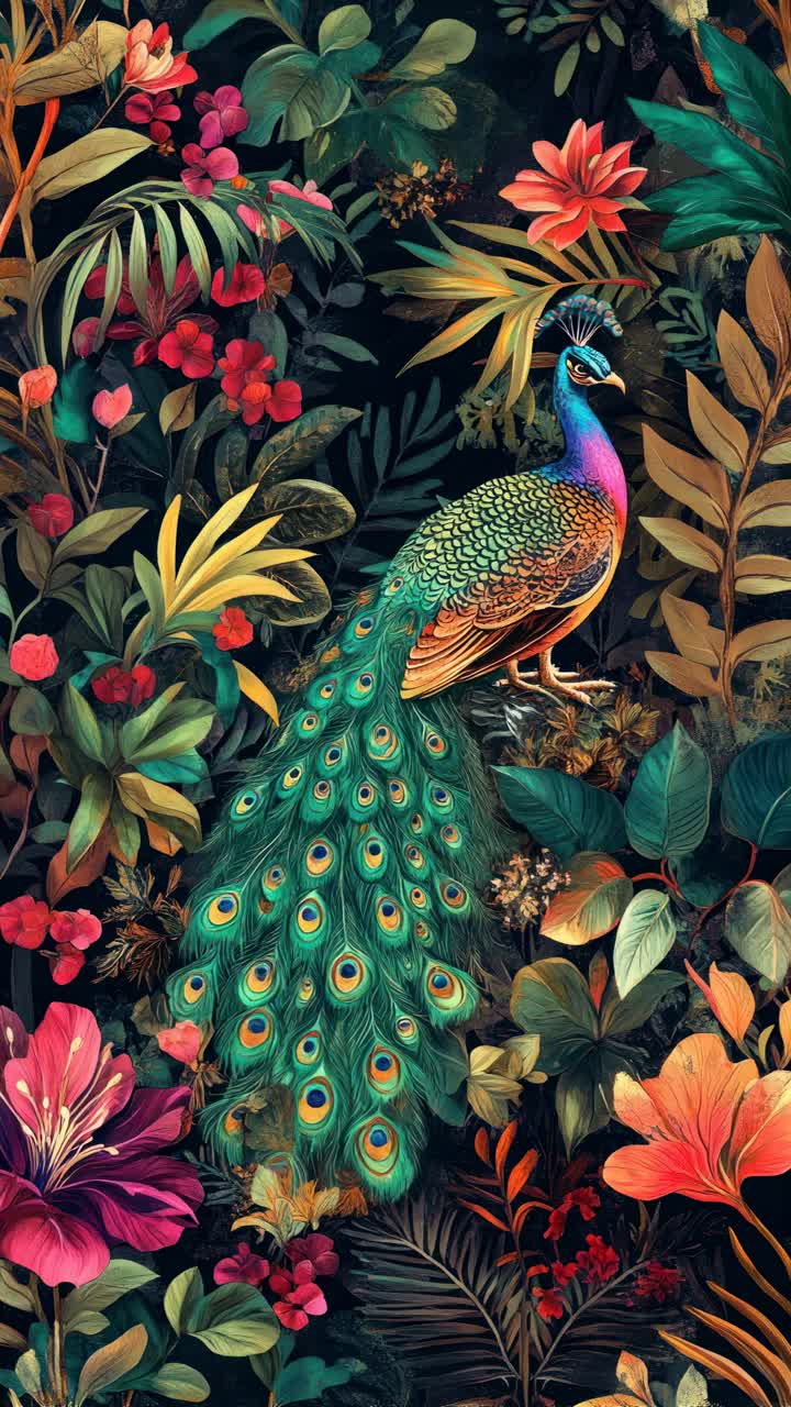 Vibrant peacock amidst lush, colorful foliage, captured from a side angle