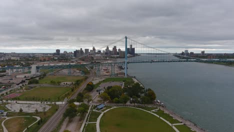 drone view of the detroit river in detroit, michigan