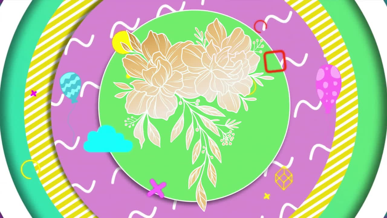 파란색 배경에 있는 다채로운 모양의 애니메이션