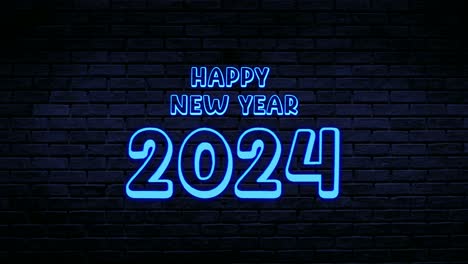 happy new year 2024 text blue neon animation motion graphics on brick wall background