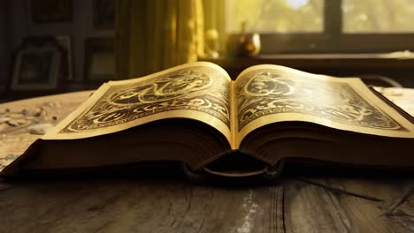 vintage open book on wooden table