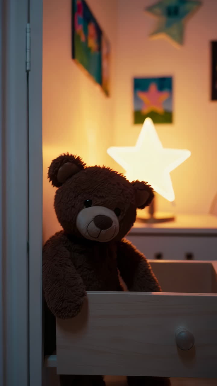 Orsetto di peluche in una accogliente cameretta per bambini con lampada a stella