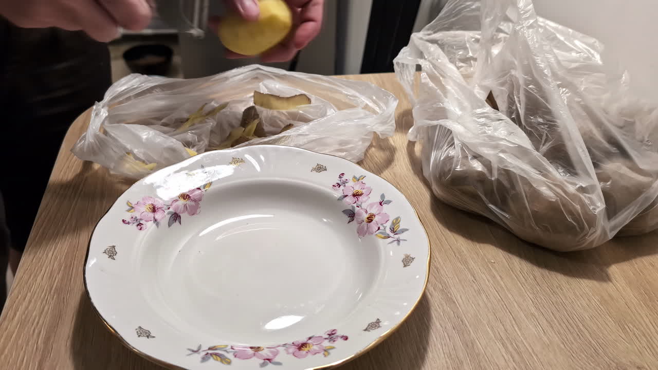 pelado manual de la piel de la planta de patata de raíz almidonada con utensilios en la bolsa de basura