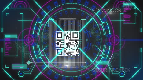 animation of scope scanning and qr code security check on black background