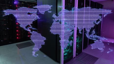 animación de la técnica de fallo en el mapa sobre el estante de servidor iluminado en la sala de servidores