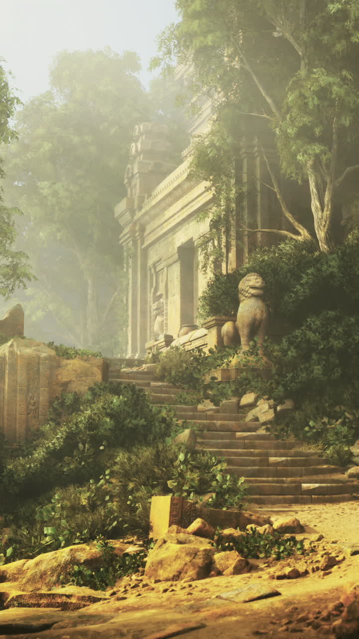 Ancient ruins surrounded by lush greenery in a tranquil setting