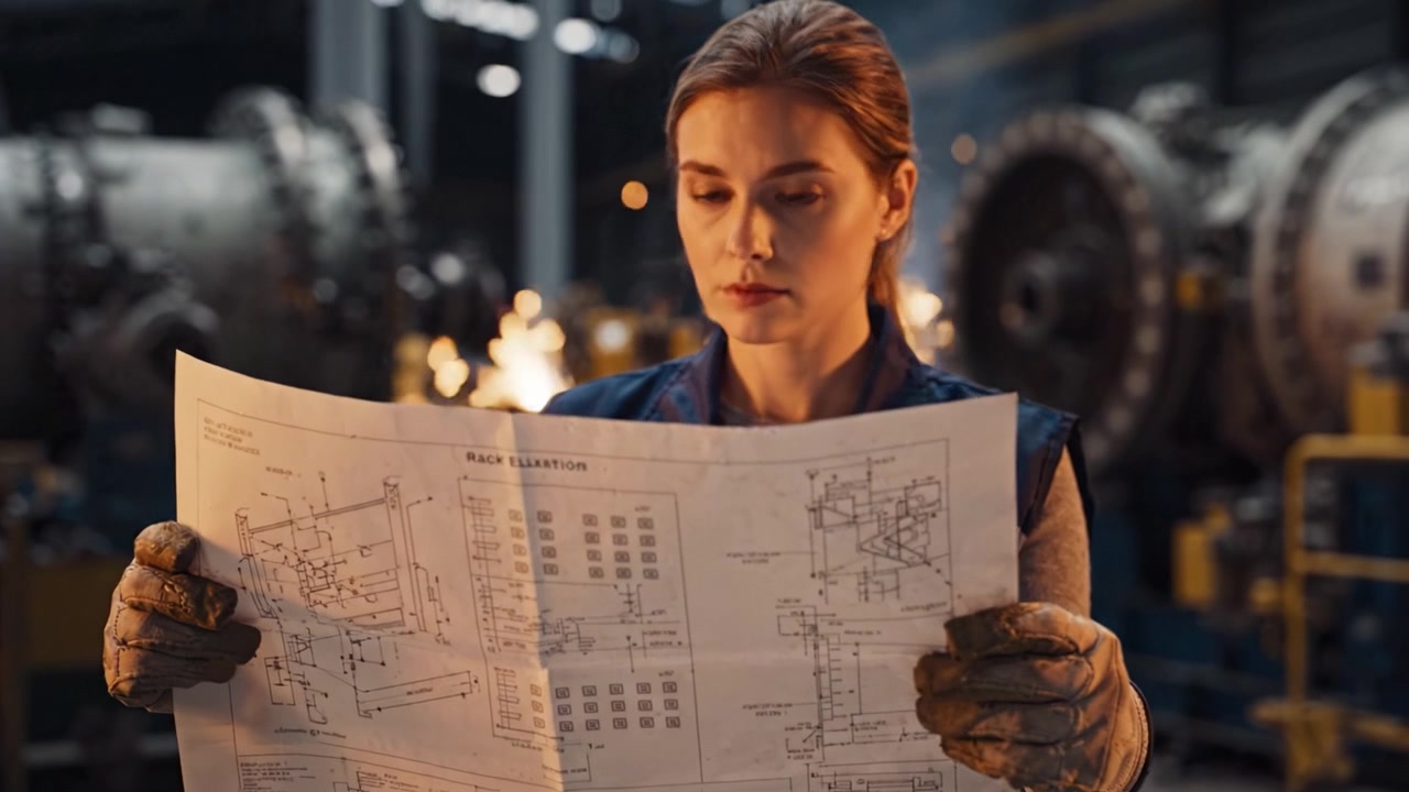 Focused Engineer Review of Technical Blueprint in Industrial Setting with Machinery in Background Showcasing Modern Engineering Practices and Precision Work