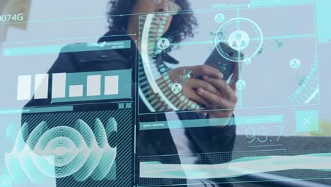 animation of digital screen with data over biracial man with smartphone