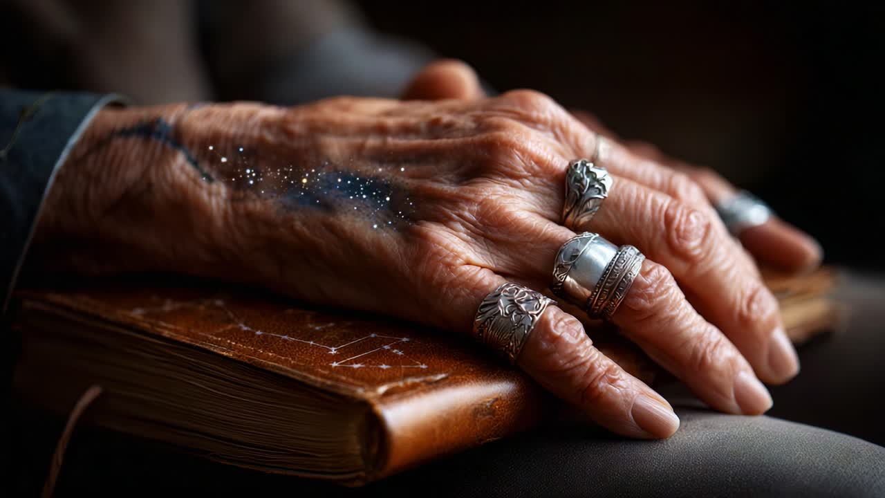 A close-up of a weathered hand adorned with intricate silver rings, resting on a beautifully worn leather book, capturing the essence of time, memory, and storytelling through gentle details