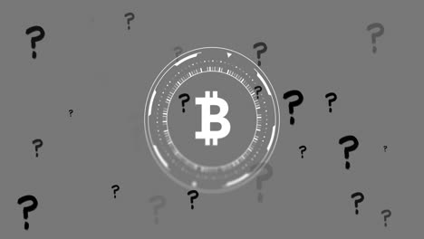 símbolo de bitcoin rodeado de signos de interrogación, concepto de incertidumbre de la moneda digital