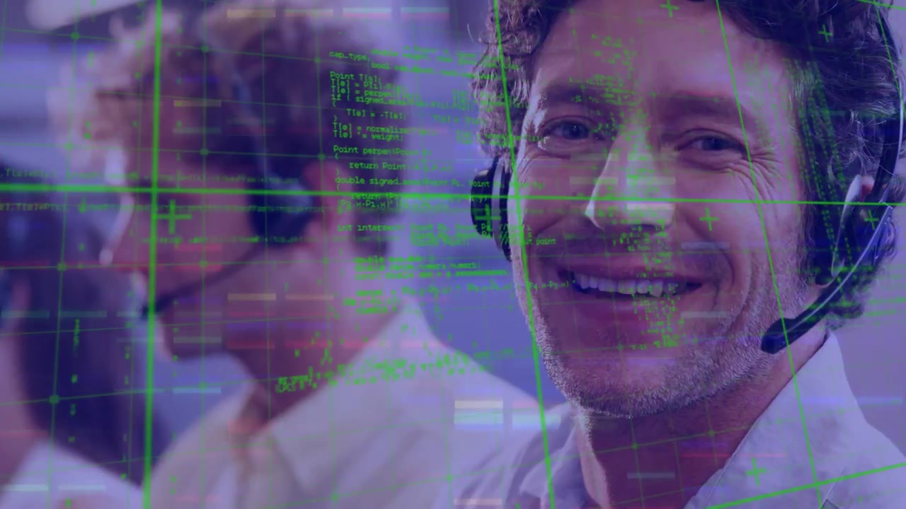 Animation of data processing over diverse business people wearing phone headsets