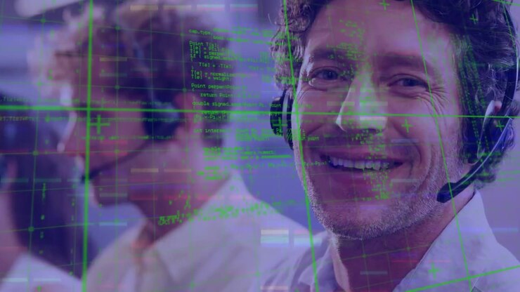 Animazione di elaborazione dati su diversi professionisti con cuffie telefoniche