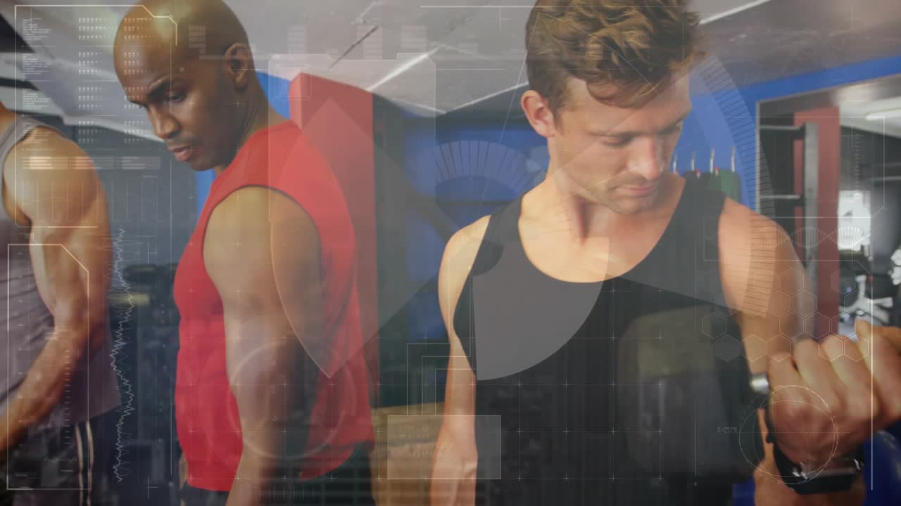 Group performing dumbbell curls in unison starting strength set in gym, HUD overlays tracking form