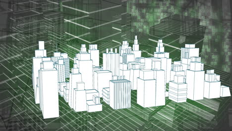 animation of 3d city drawing spinning over cityscape