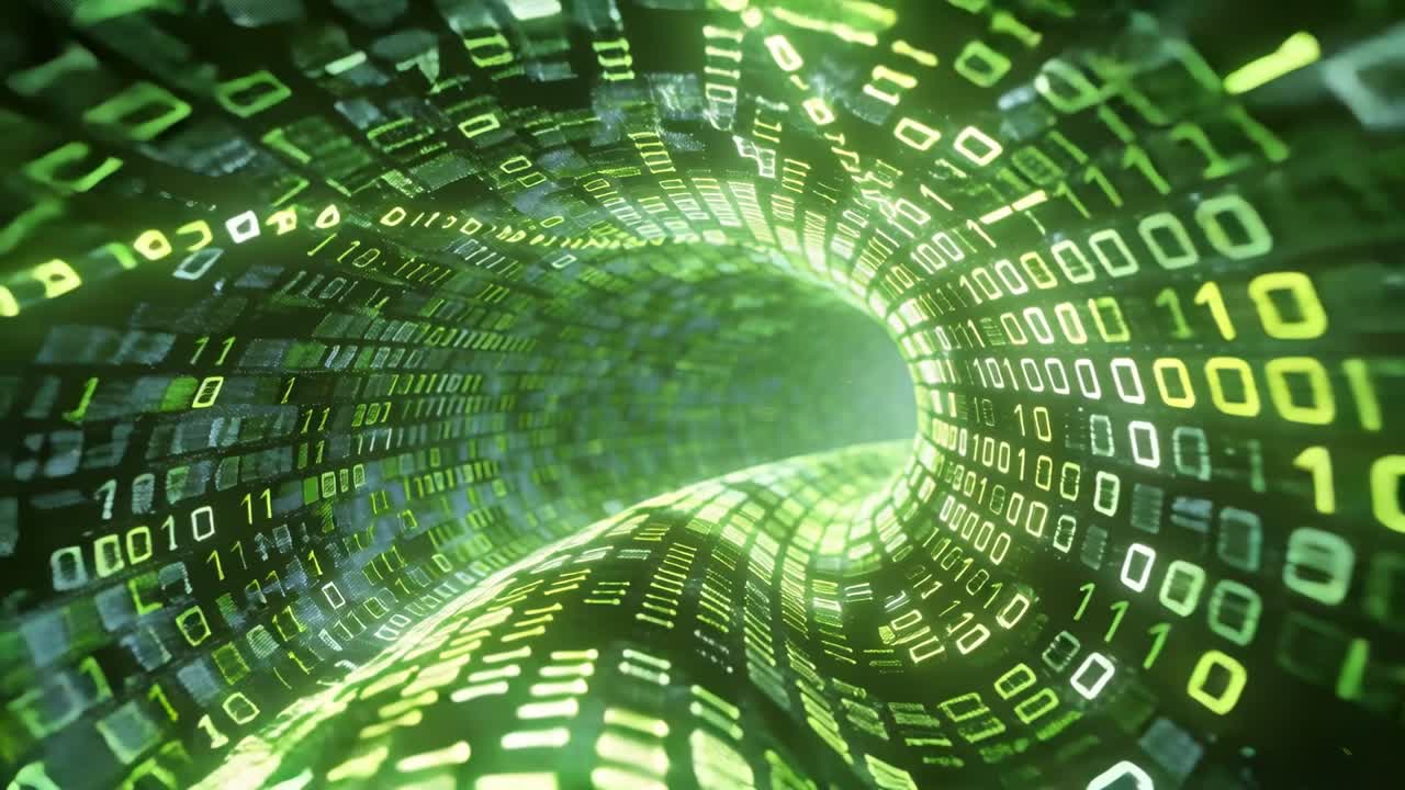 Moving camera pushing through curving binary tunnel to glowing exit, with scrolling binary digits