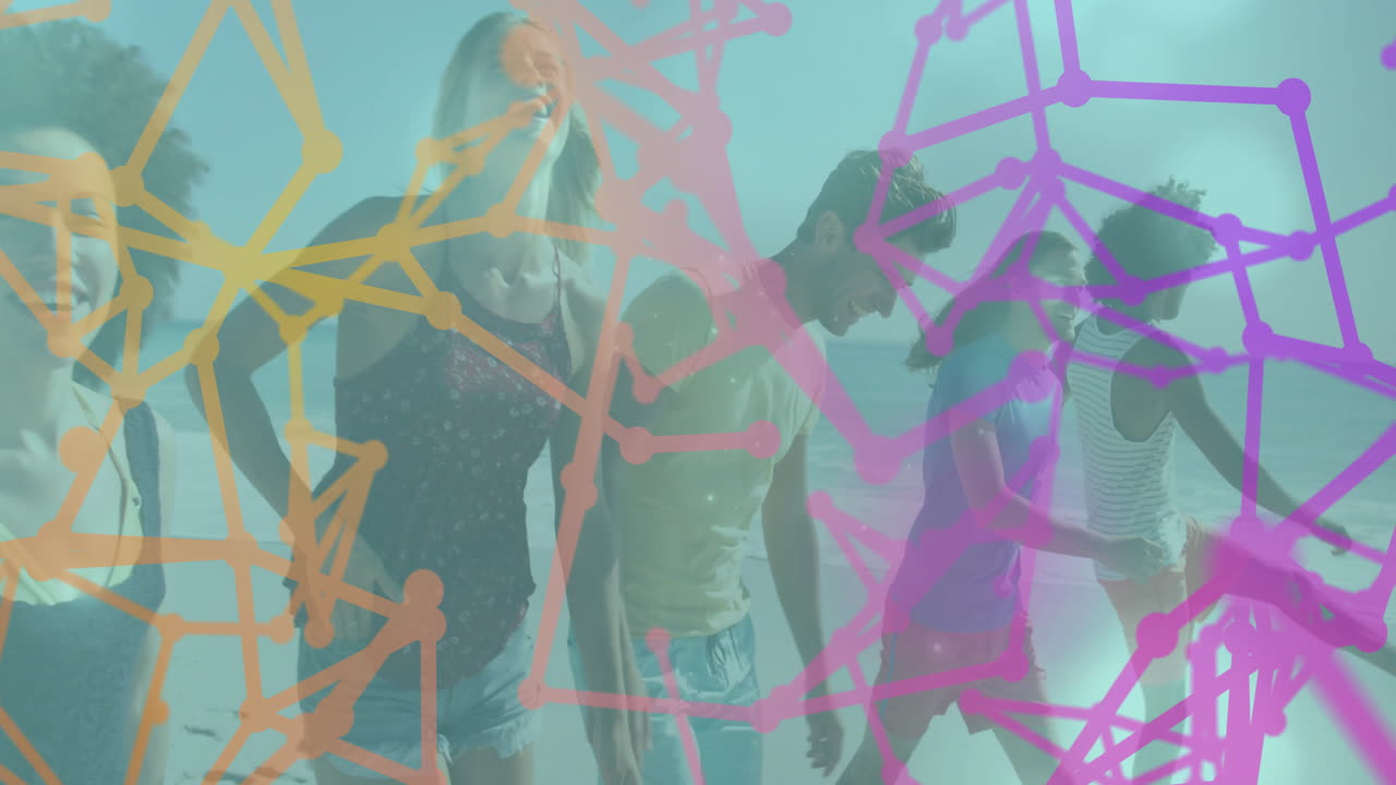 Young people walking on beach with colorful network connections animation overlay