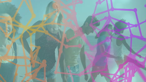 young people walking on beach with colorful network connections animation overlay