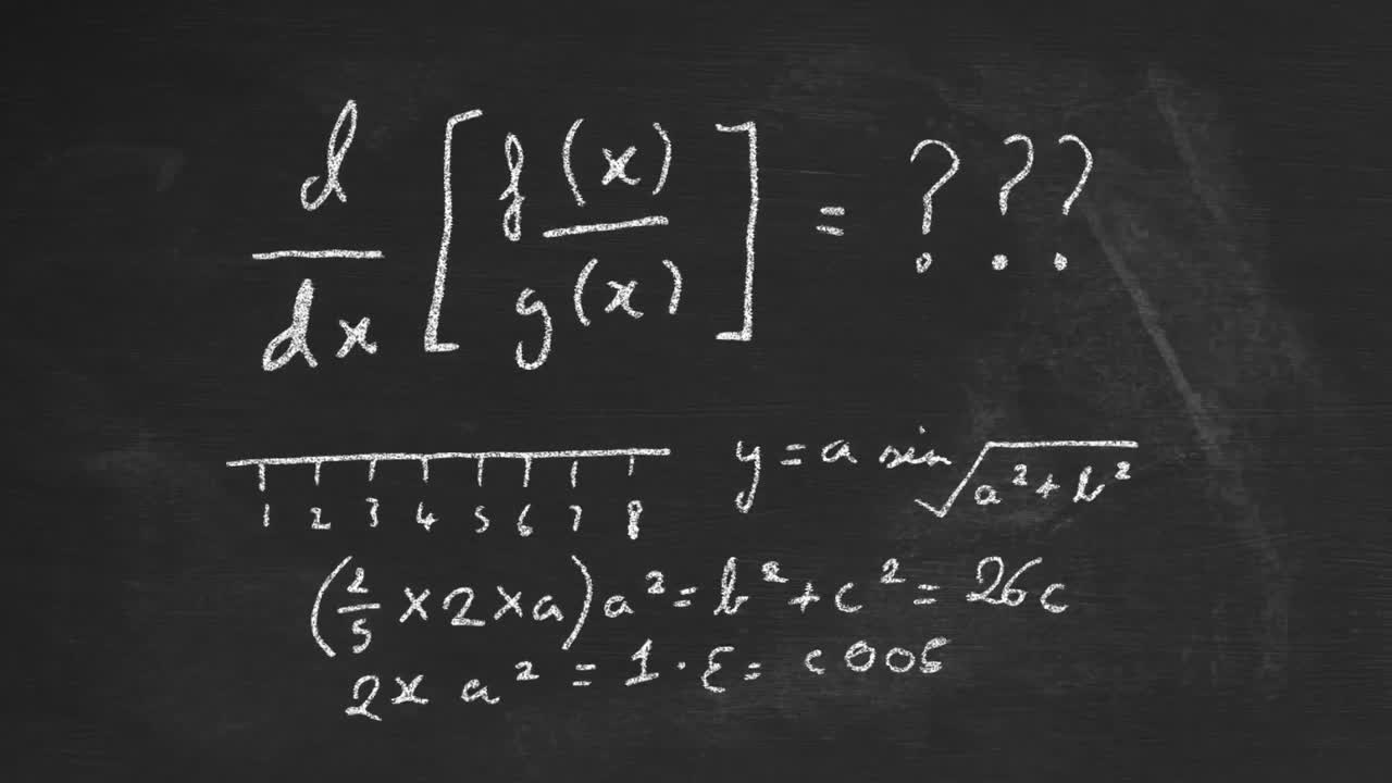 Animation of mathematical formulae moving on black chalkboard background