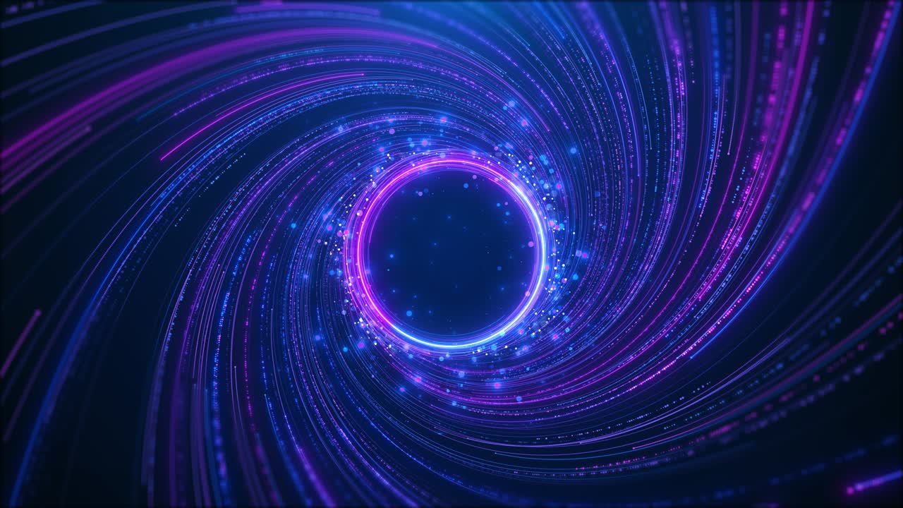 Swirling vortex of vibrant light trails in blue purple big data block chain and digital technology