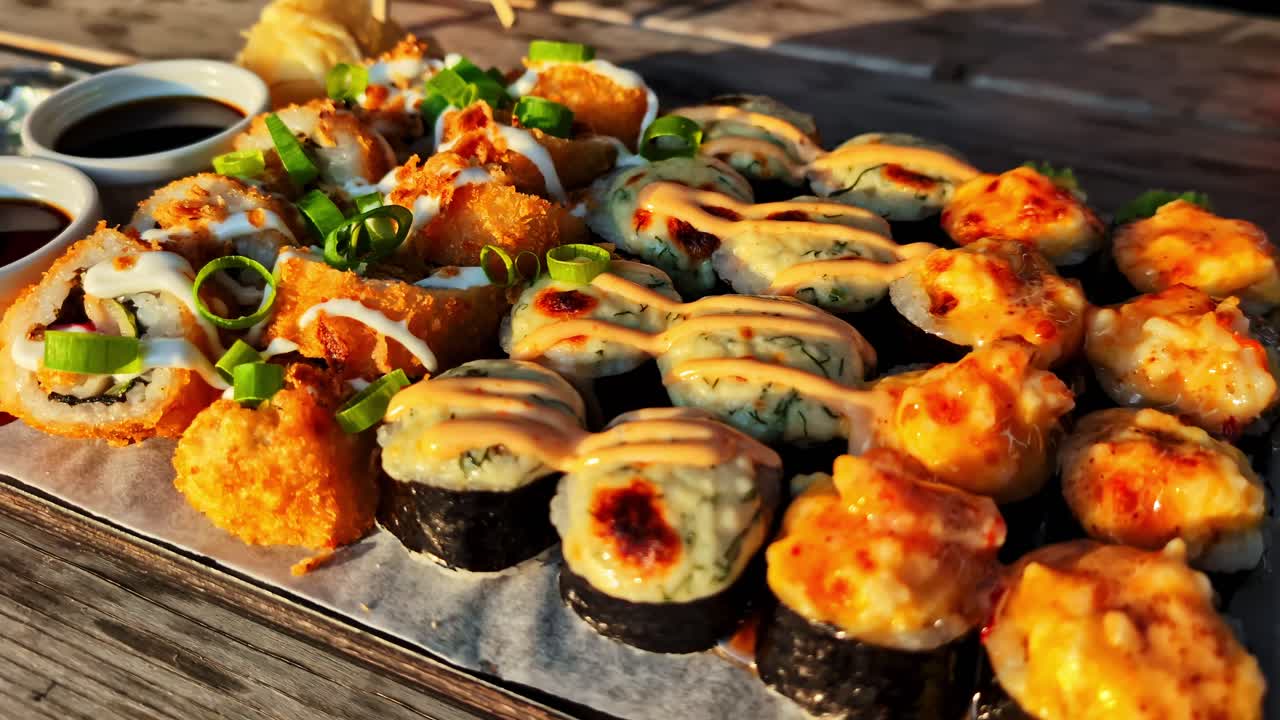 Colorful sushi assortment on a stylish plate, artfully arranged and freshly prepared