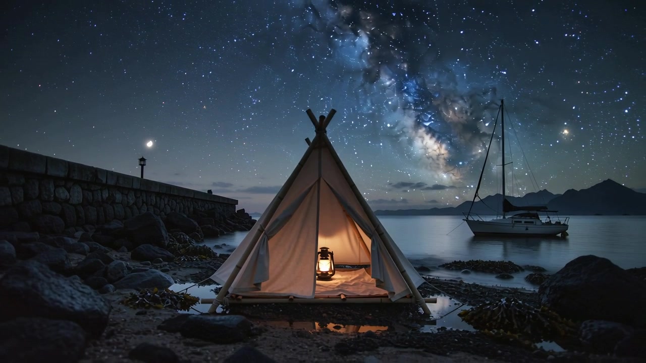 Telecamera in movimento che riprende una tenda teepee illuminata in riva al mare per registrare la Via Lattea, con lanterna