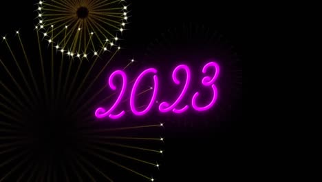 Animation-of-2023-text-over-fireworks-on-black-background