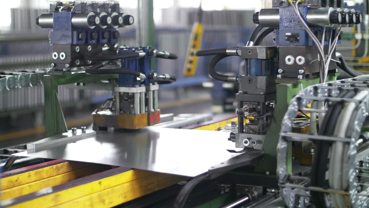 Metal sheet moving on conveyor line at factory. Metalworking equipment at plant