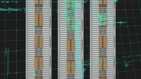 animation of data processing over multiple boxes on conveyer belt against black background