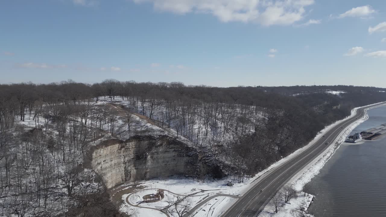 Flying around cliff by the Great River Road during winter in Alton, Illinois