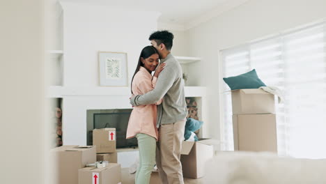 couple, dancing and hug to celebrate new home