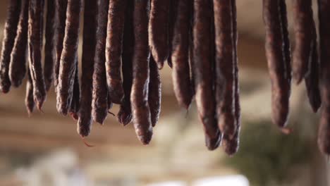 close up view of typical hungarian spicy dried sausage hanging in the shop