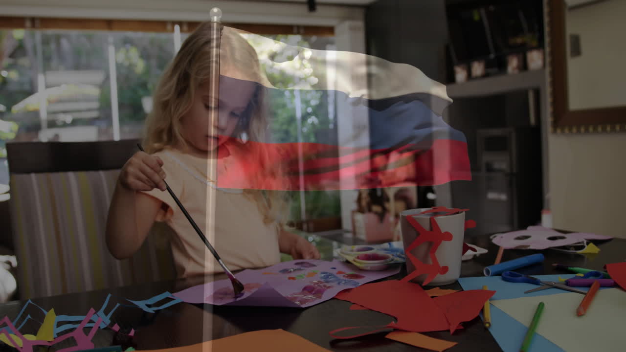 Painting crafts, child creating animation with Russian flag theme at home