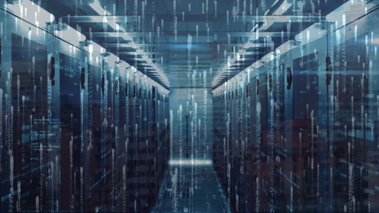 Animation of binary codes and computer language over data server racks