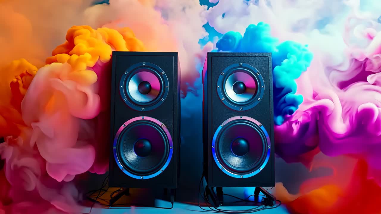 un par de altavoces sentados en la parte superior de una mesa cubierta de humo colorido