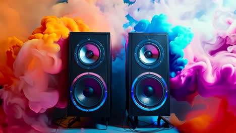 un par de altavoces sentados en la parte superior de una mesa cubierta de humo colorido