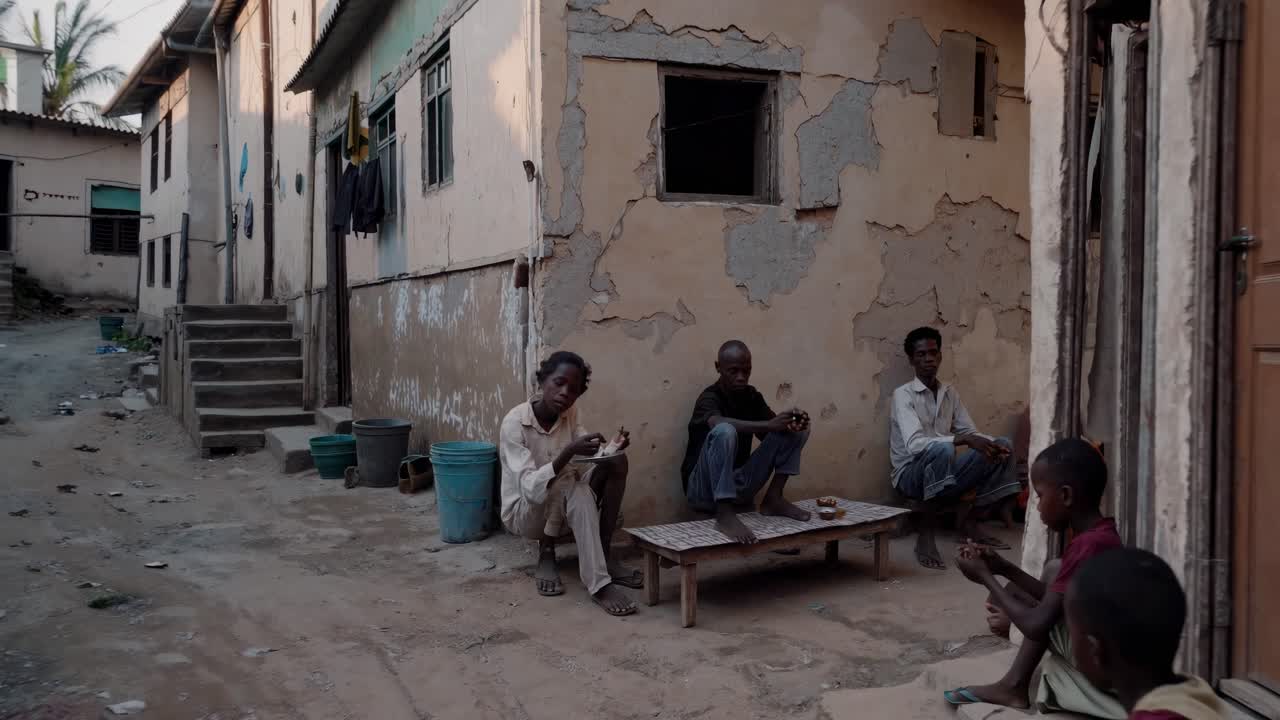 Uma cena de vídeo de rua espontânea de um ângulo baixo mostra crianças sentadas do lado de fora de edifícios desgastados.