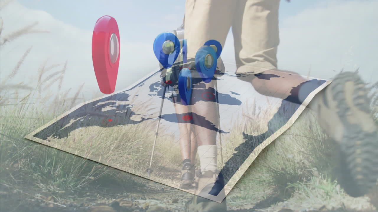 Solo hiker walking along grassy trail, with floating travel map markers and curled map overlay