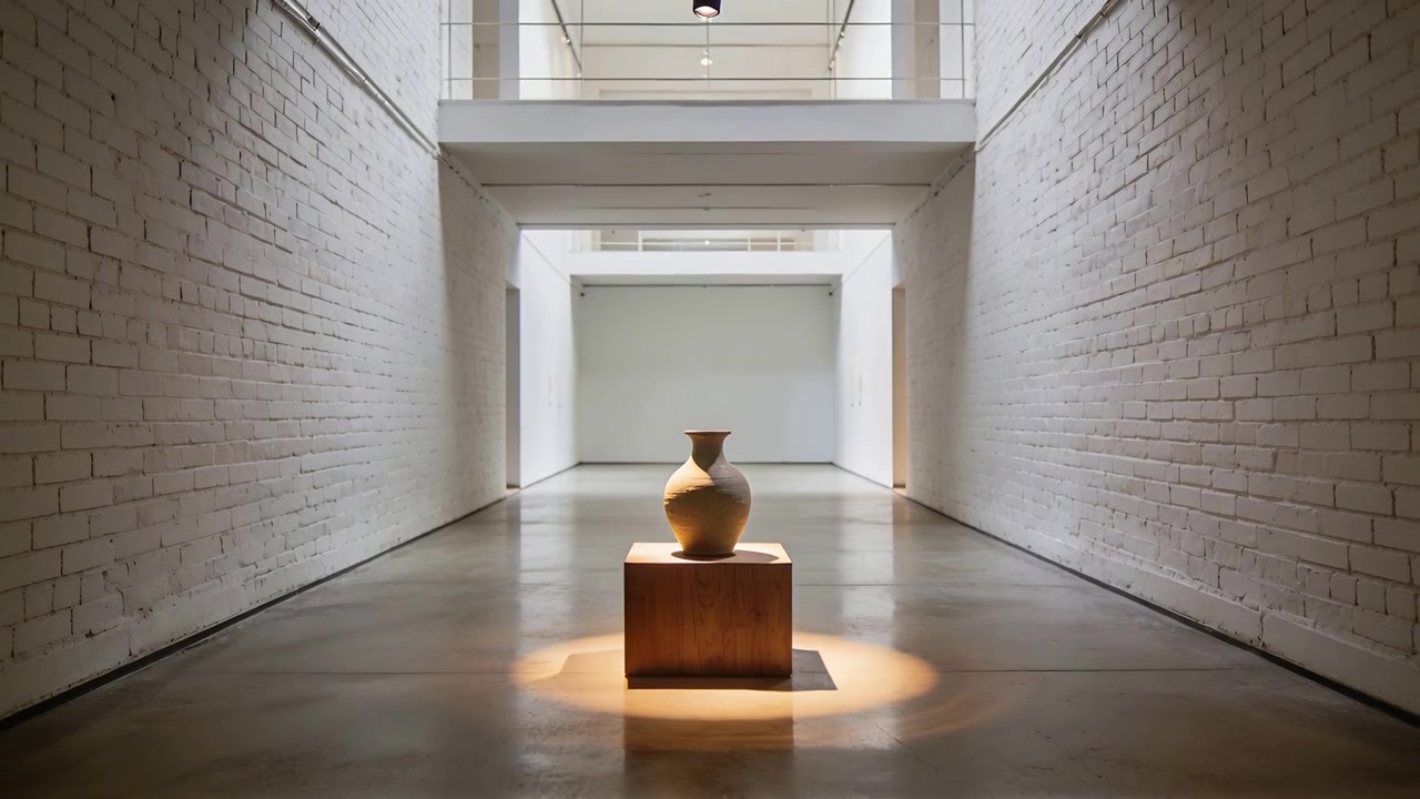 Faretto mobile che sposta la luce su un vaso in ceramica su un piedistallo in galleria, mettendo in risalto l'anfora