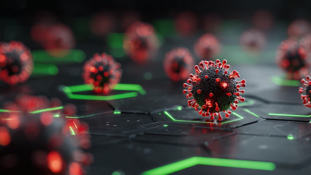 Detailed Close-Up of a Virus in a High-Tech Environment, Showcasing Intricate Structures and Vibrant Colors with a Futuristic Background of Hexagonal Patterns