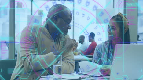 animation of financial data processing over diverse business people