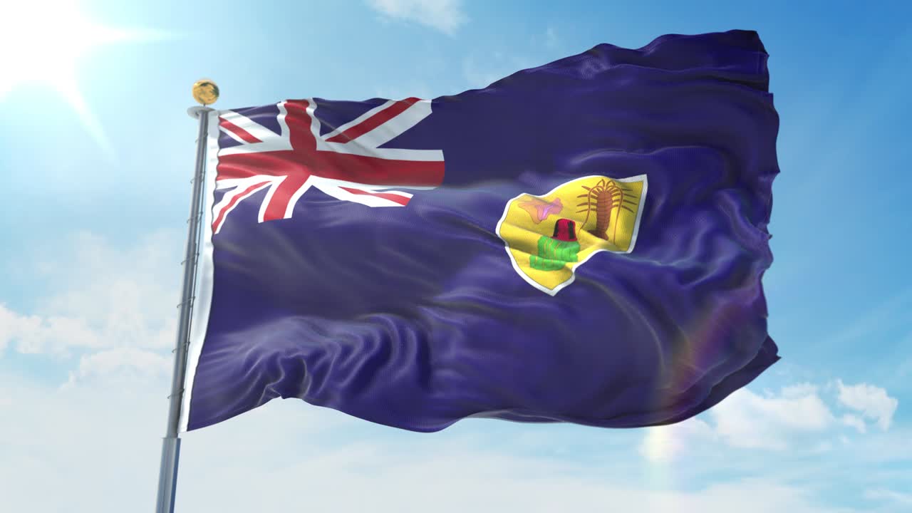 터크와 카이코스 섬의 발이 깊은 파란 하늘을 배경으로 바람에 흔들리고 있습니다.국가 테마, 국제 개념. 3d 렌더리 원활한 루프 4k