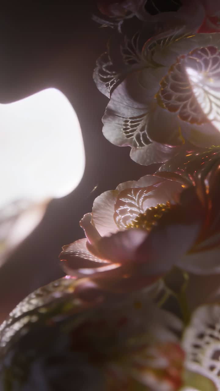 Video verticale: Rivelando un ornamento floreale che si muove sotto una lampada in controluce in studio, mostrando bordi dorati.