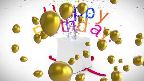 animation of gold balloons over gift box opened releasing colourful happy birthday text and confetti