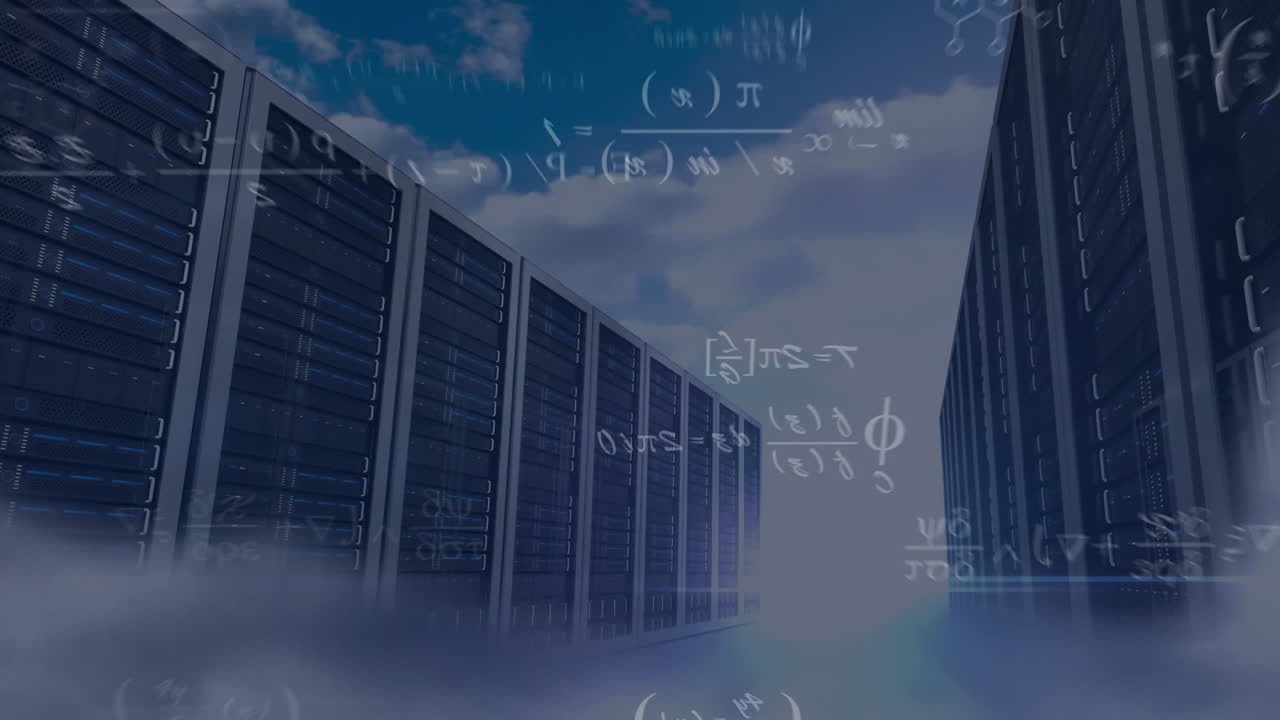Animation of clouds and mathematical formulas overlaying futuristic data center buildings