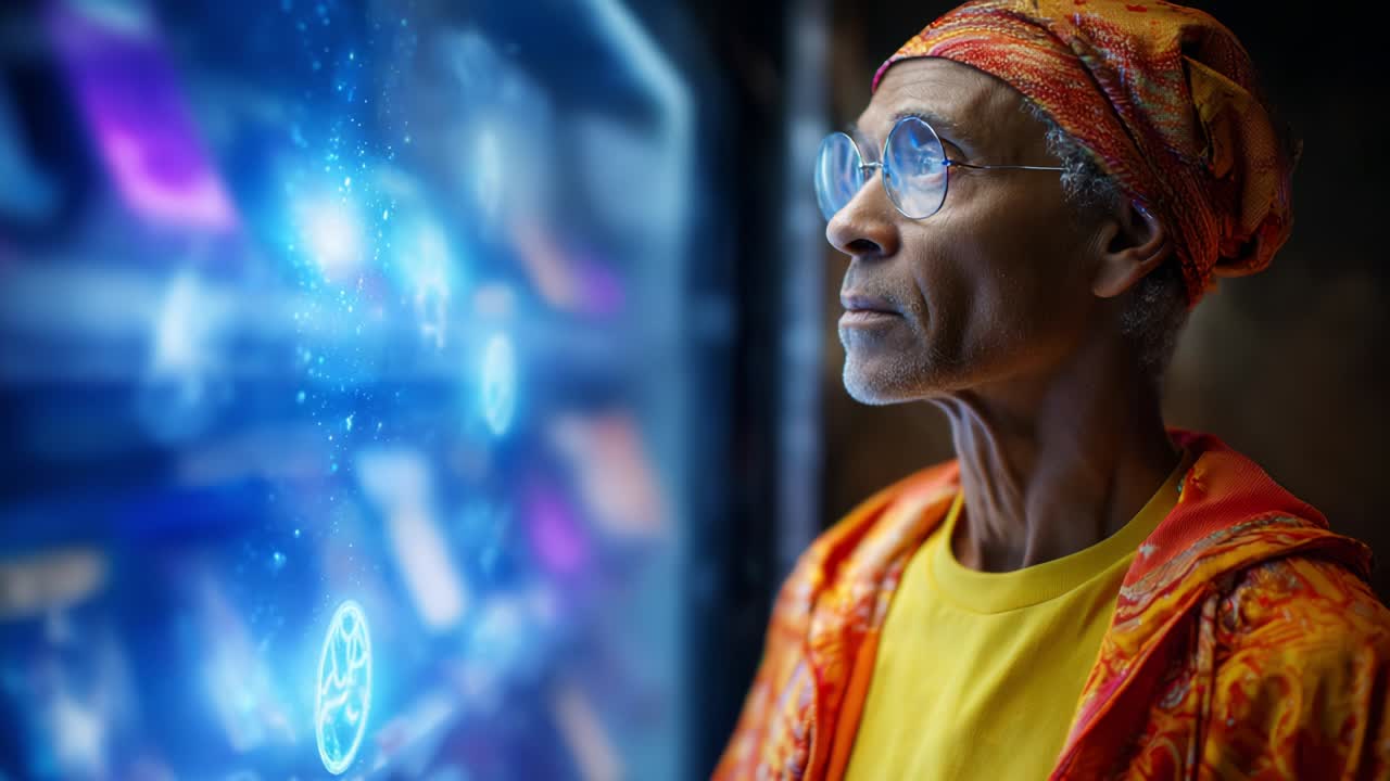 A contemplative individual gazes thoughtfully at a futuristic display, immersed in a world of holographic symbols and vibrant colors, symbolizing innovation and the intersection of technology and humanity