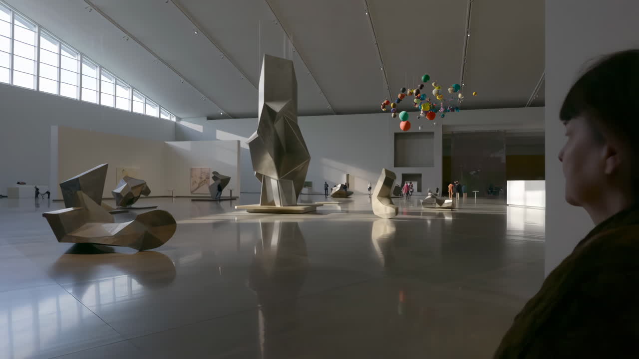 Visitor viewing modern sculptures in a spacious art museum