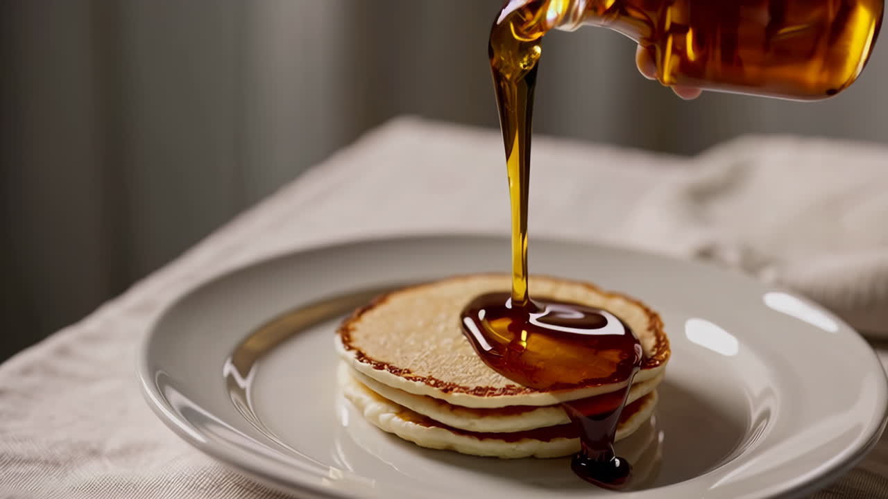 Pouring Maple Syrup on Pancakes